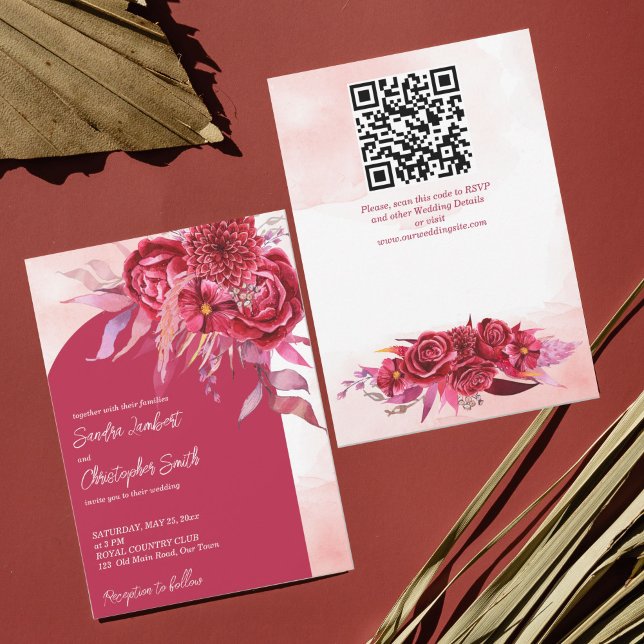 Invitation Magenta crimson mariage d'arche de fleurs bordeaux (Créateur téléchargé)