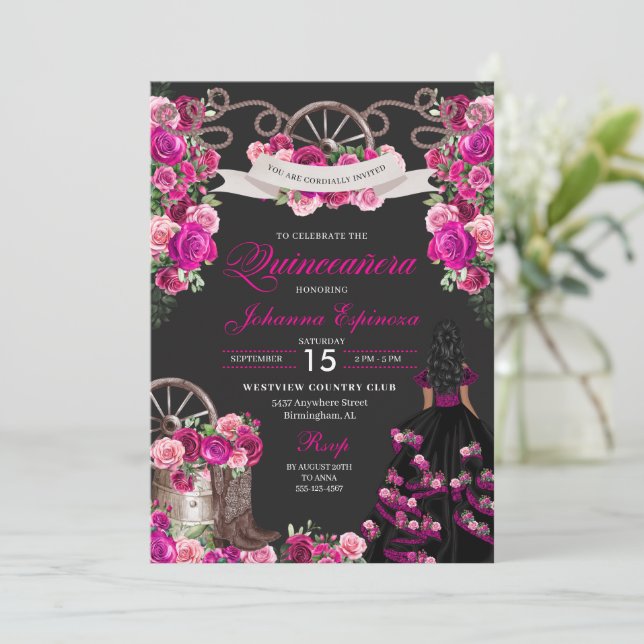 Invitation Magenta et cowgirl noire Quinceanera occidentale (Debout devant)