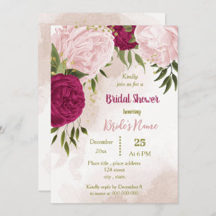 Invitation magenta fleurs roses vert feuille douche nuptiale