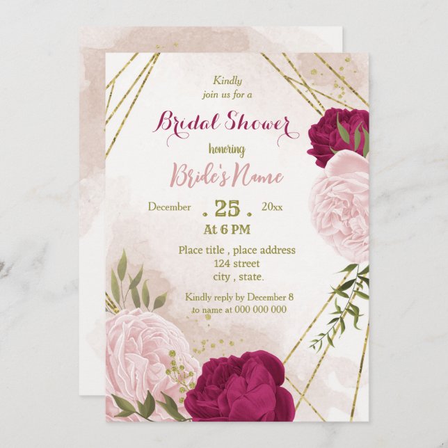 Invitation magenta fleurs roses vert feuille douche nuptiale (Devant / Derrière)