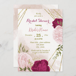 Invitation magenta fleurs roses vert feuille douche nuptiale