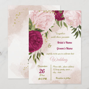 Invitation magenta fleurs roses vert feuille mariage