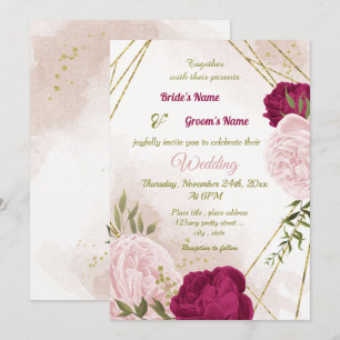 Invitation magenta fleurs roses vert feuille mariage