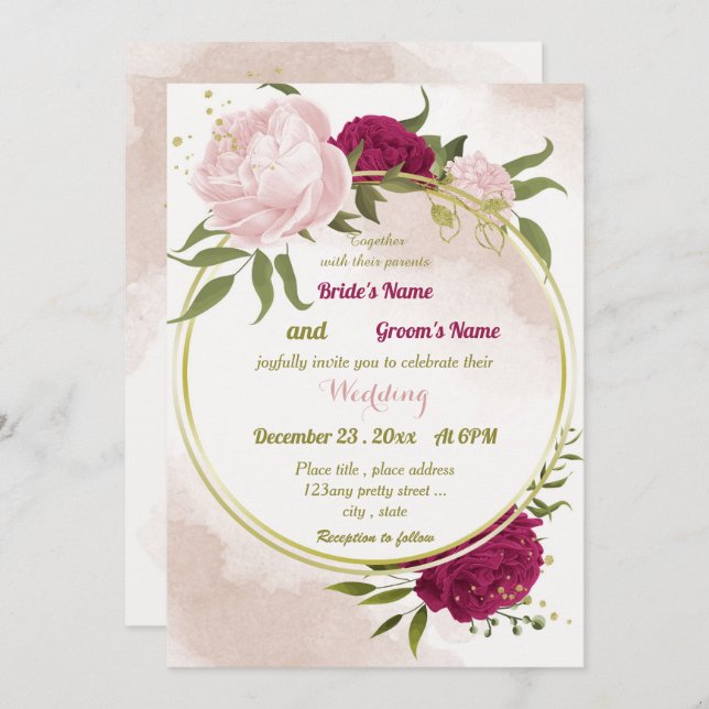 Invitation magenta fleurs roses vert feuille mariage (Devant / Derrière)