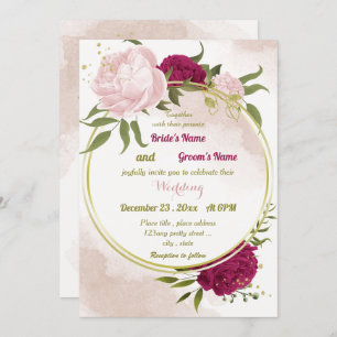 Invitation magenta fleurs roses vert feuille mariage