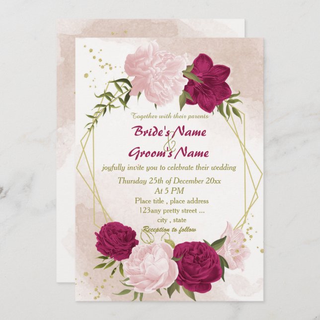 Invitation magenta fleurs roses vert feuille mariage (Devant / Derrière)