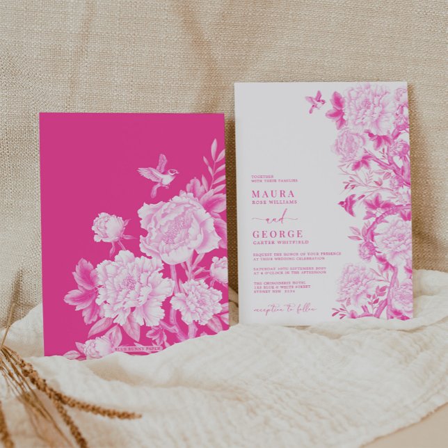 Invitation Magenta Floral Birds Chinoiserie Jardin Mariage (Créateur téléchargé)