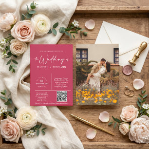 Invitation Magenta Minimal Script Mariage Arc QR Code photo