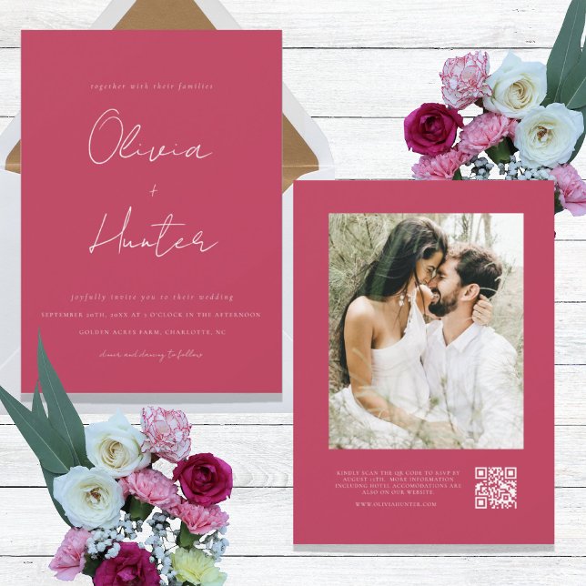 Invitation Magenta Minimalist QR Code Mariage photo (Créateur téléchargé)