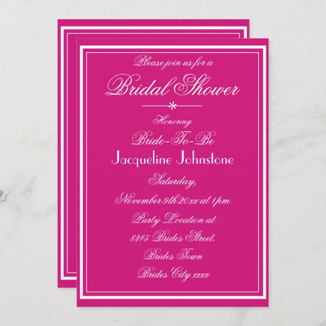 Invitation Magenta moderne Nom Script RSVP Fête des mariées c (Devant / Derrière)