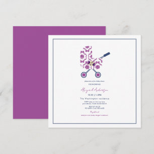 Invitation Magenta & Navy Damask Pram Baby shower Carré Invi