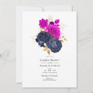 Invitation Magenta Navy et Fleurs Dorées pour la Fête de Coup