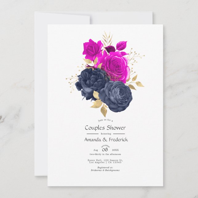 Invitation Magenta Navy et Gold Floral Couples Douche (Devant)