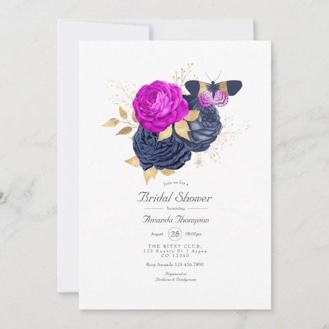 Invitation Magenta Navy et Gold Floral Fête des mariées (Devant)