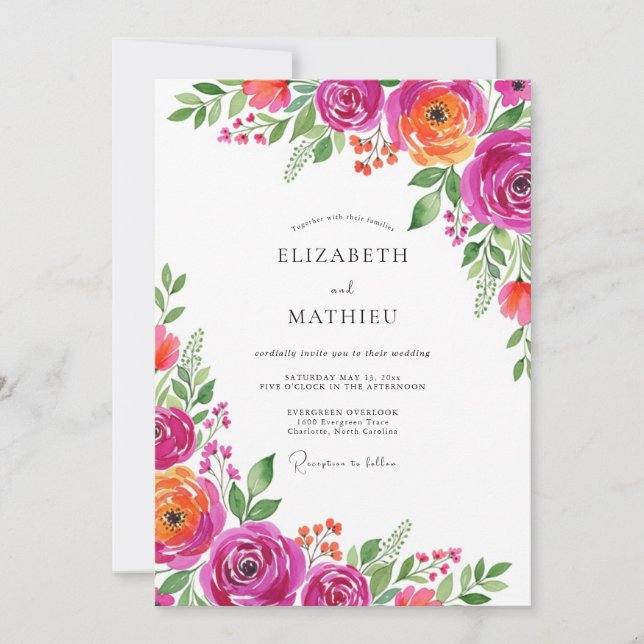 Invitation Magenta Orange Bloom Romance Wedding (Devant)