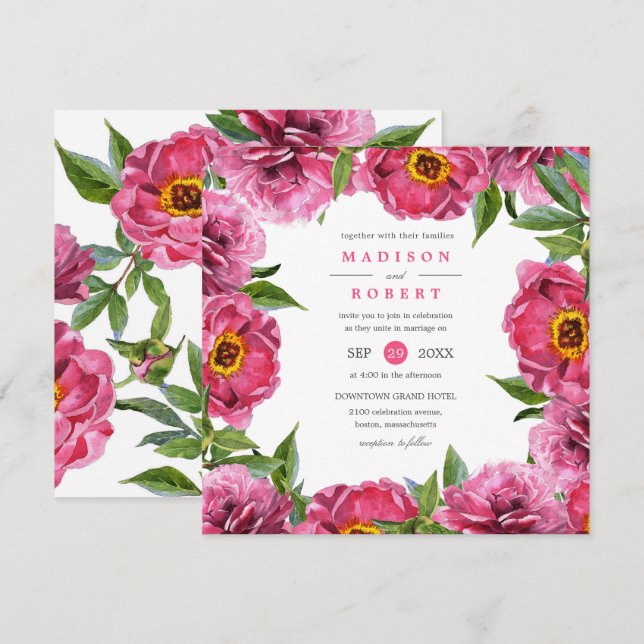 Invitation Magenta Peonies rose merveilleux Mariage chic Fleu (Devant / Derrière)