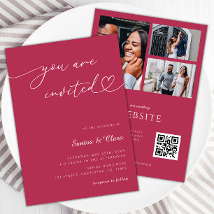 Invitation Magenta Pink 3 Photos QR Code Tout en un Mariage