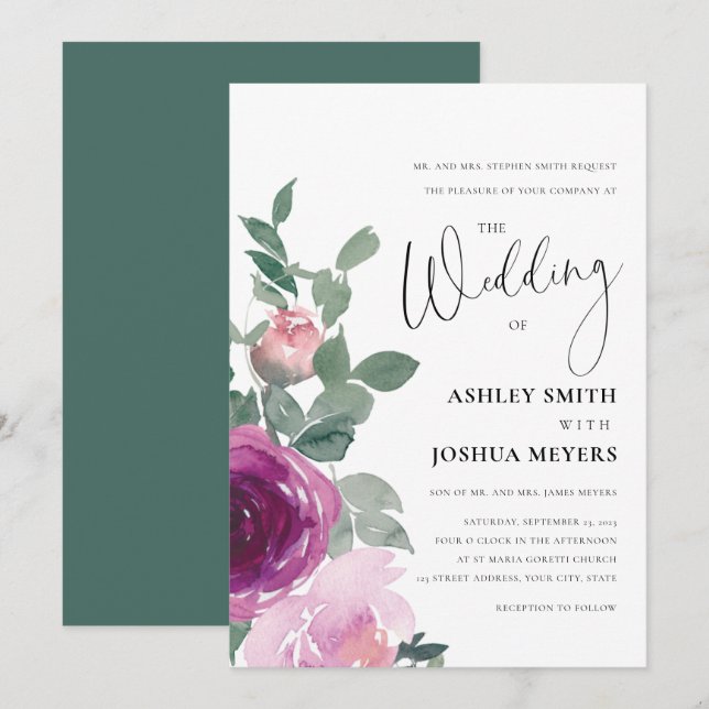 Invitation Magenta Pink Blush Pink Floral Roses Wedding (Devant / Derrière)