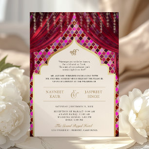 Invitation Magenta Pink Gold Quatrefoil QR Code Sikh Mariage