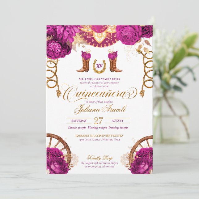 Invitation Magenta Pink Gold Rose Pays Quinceanera Ouest (Debout devant)