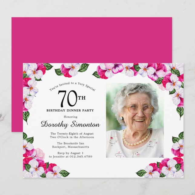 Invitation Magenta Pink Photo blanc 70e anniversaire Dîner (Devant / Derrière)