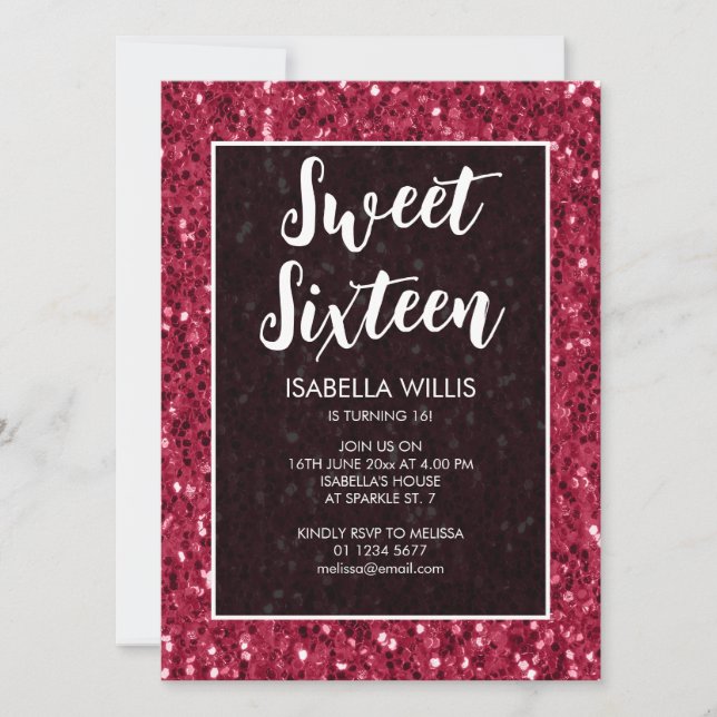 Invitation Magenta rose foncé pétillants Sweet 16 élégant scr (Devant)