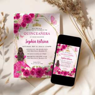 Invitation Magenta Rose Glam Or Floral Princesse Quinceañera
