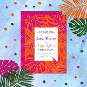 Invitation Magenta tropical et mariage feuille orange vif