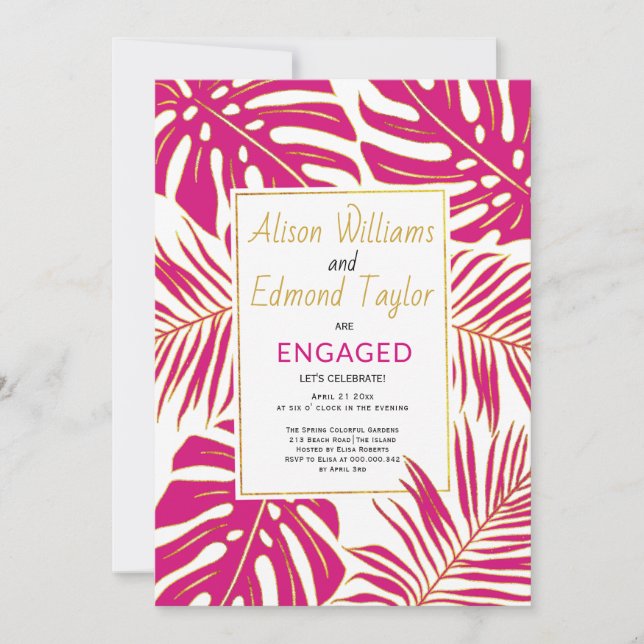 Invitation Magenta tropical, fête d'engagement des feuilles d (Devant)