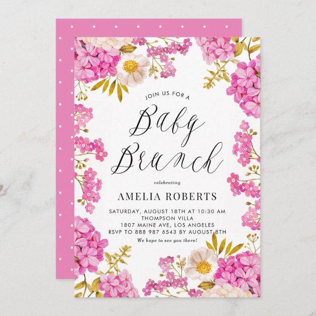 Invitation Magenta Watercolor Hydrangeas Floral Baby Brunch (Devant / Derrière)
