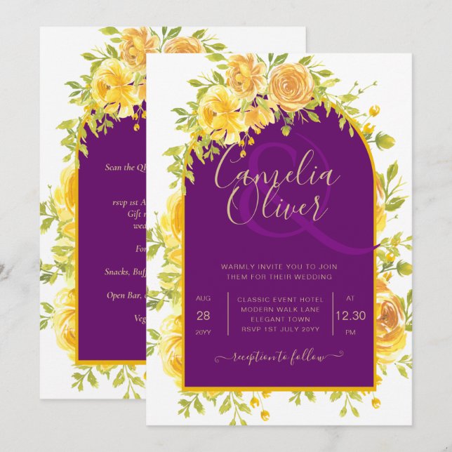 Invitation Magenta Yellow Roses Plum Purple Gold Mariage (Devant / Derrière)