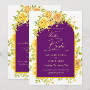 Invitation Magenta Yellow Roses Plum Purple Gold Mariage
