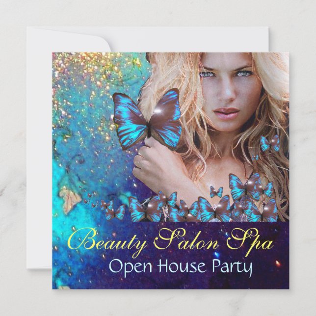 Invitation MAGIC BLUE BUTTERFER Open House Party Monogramme (Devant)