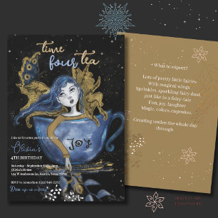 Invitation Magic Blue Gold Fairy Teacup Anniversaire Tea Part