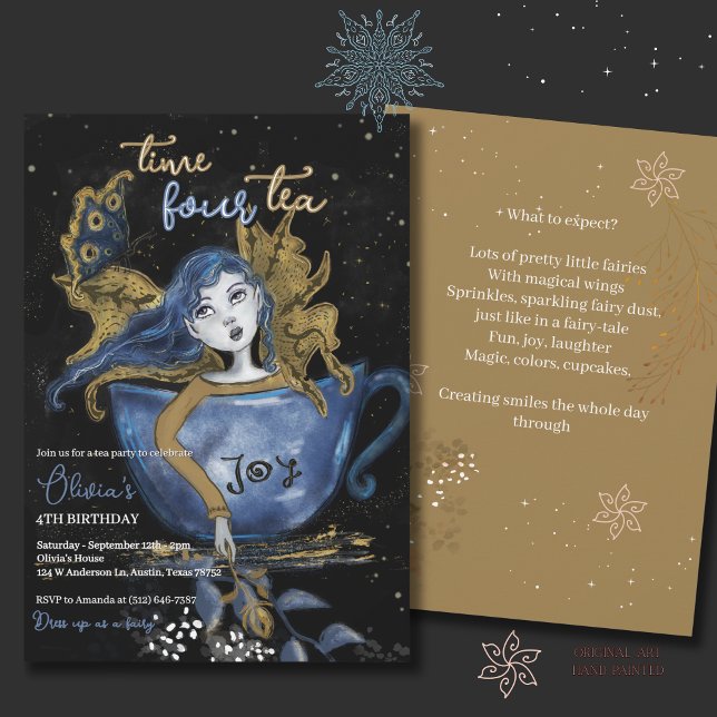 Invitation Magic Blue Gold Fairy Teacup Anniversaire Tea Part (Magical Blue Gold Fairy Teacup Birthday Tea Party Invitation)