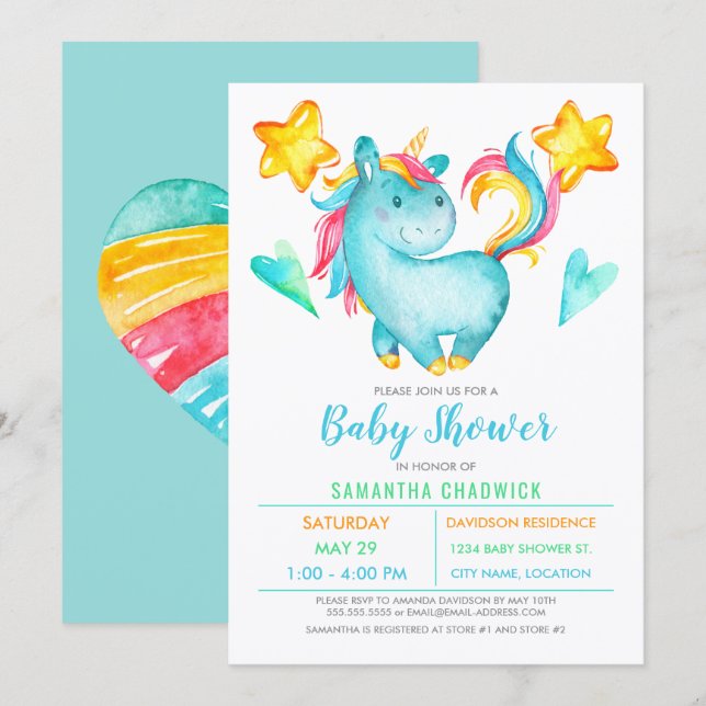 Invitation Magic Boys Unicorn Baby shower (Devant / Derrière)