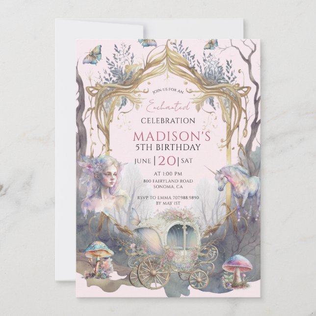 Invitation Magic Fairy Fairytale 5e Anniversaire rose (Devant)