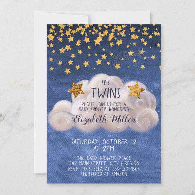 Invitation Magic Golden Stars Marine Blue Twins Baby shower (Devant)