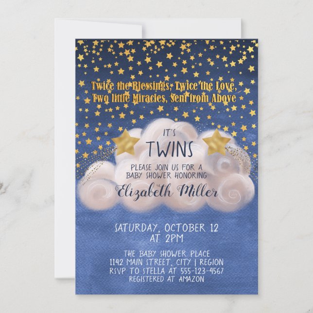 Invitation Magic Golden Stars Marine Blue Twins Baby shower (Devant)