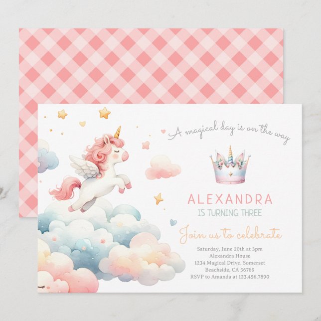 Invitation Magic Pastel Unicorn fête d'anniversaire (Devant / Derrière)