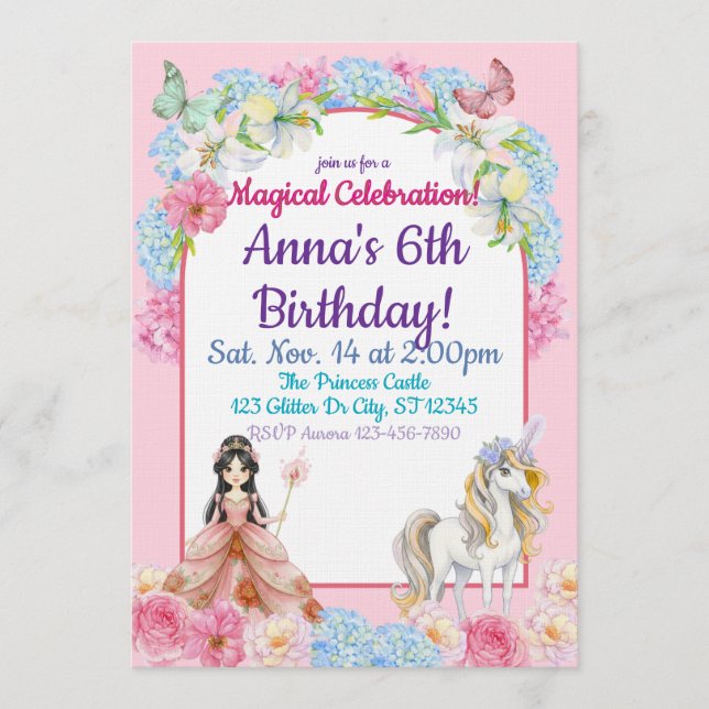 Invitation Magical Asian Princess Unicorn Birthday (Devant)