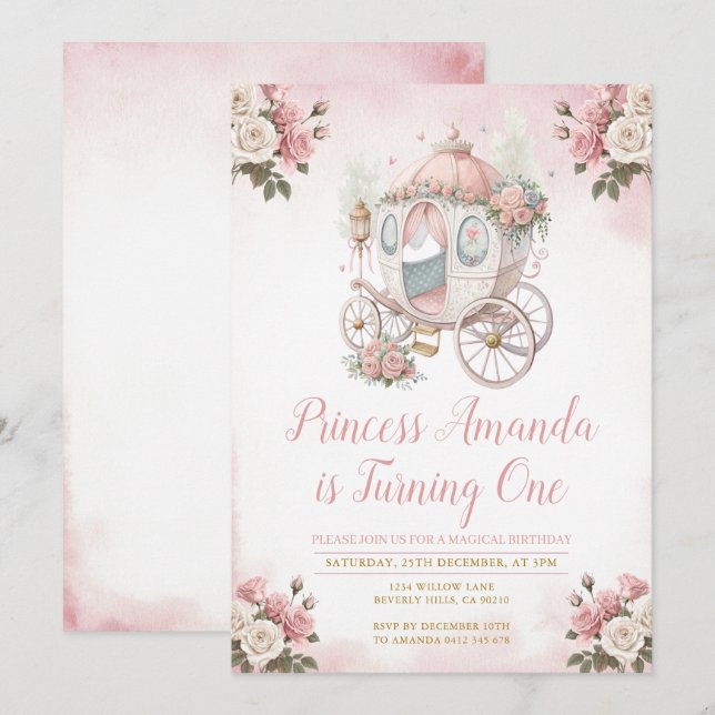 Invitation Magical Birthday Princess Carriage Birthday Party  (Devant / Derrière)