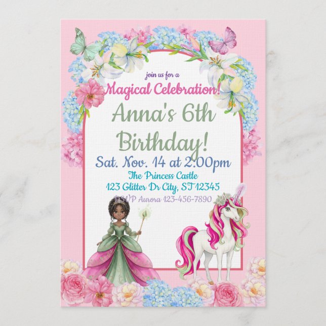 Invitation Magical Black Princess Unicorn Birthday (Devant)
