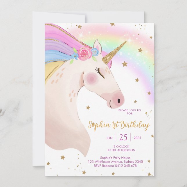Invitation Magical Day Unicorn and Rainbows Birthday (Devant)
