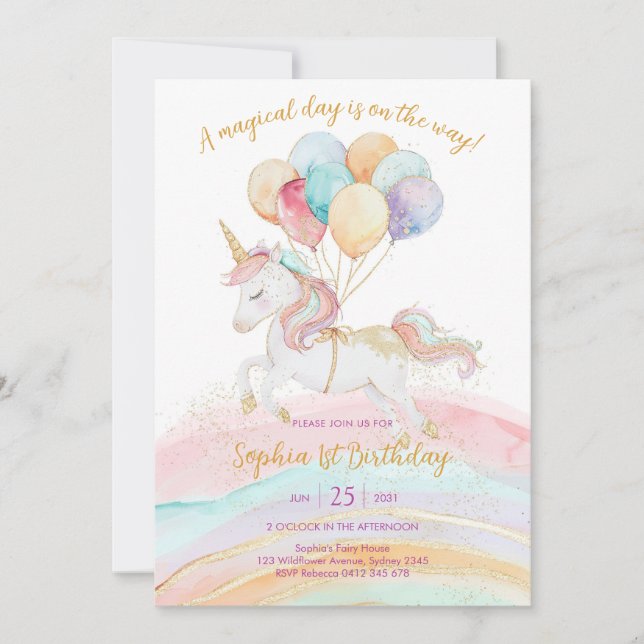 Invitation Magical Day Unicorn and Rainbows Birthday (Devant)