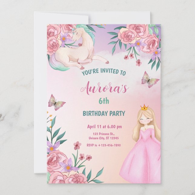 Invitation Magical Fairytale Princess Unicorn (Devant)