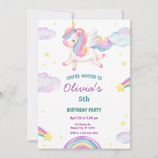 Invitation Magical Fairytale Unicorn Rainbow Clouds