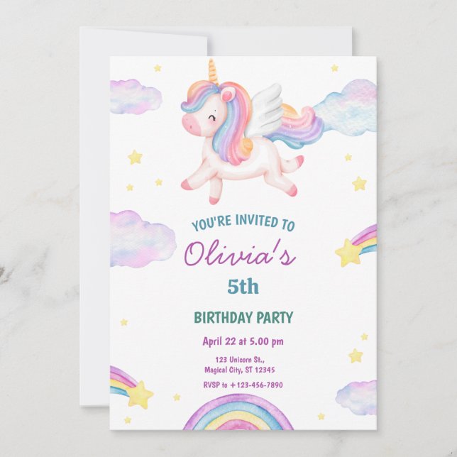 Invitation Magical Fairytale Unicorn Rainbow Clouds (Devant)
