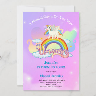 Invitation Magical Rainbow and Unicorn Birthday pink purple