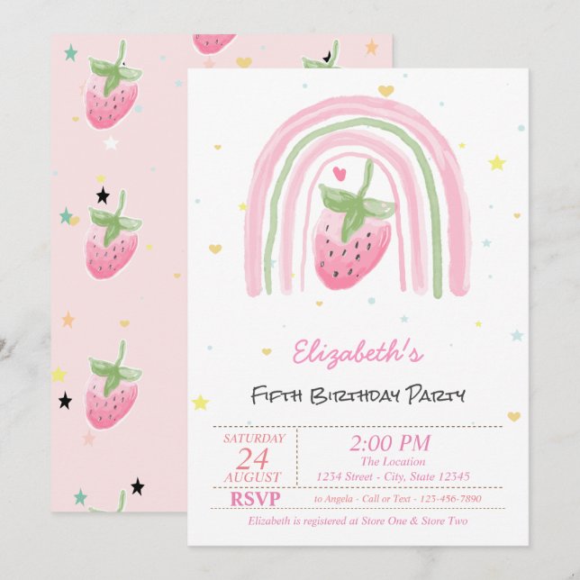 Invitation Magical Rainbow Strawberry Stars Birthday  (Devant / Derrière)